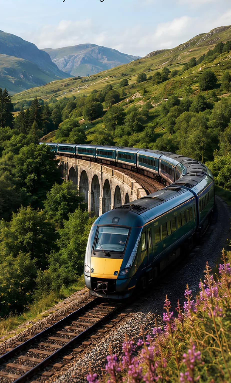 A train crossing a stone viaduct through green Highland hills